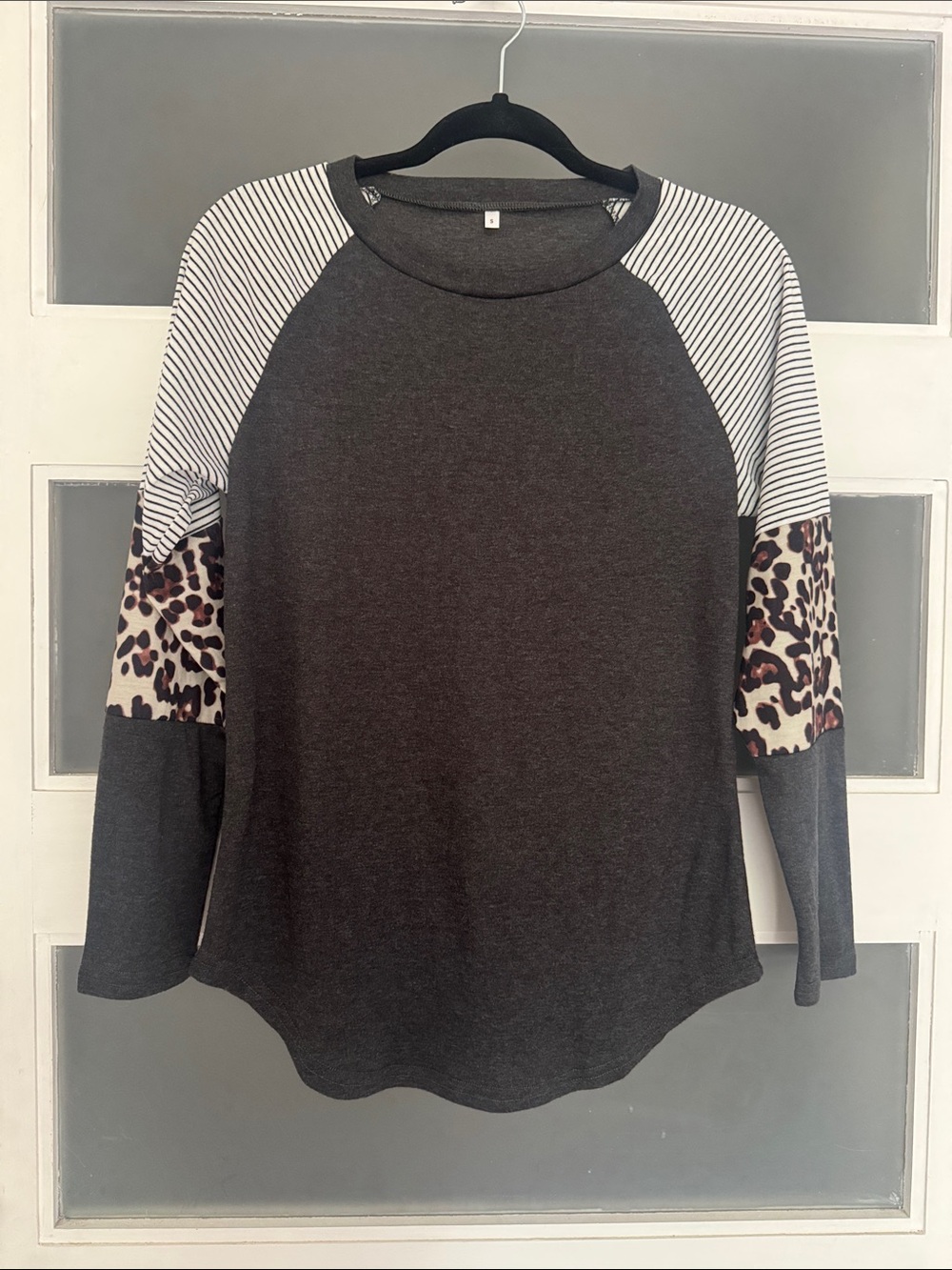 Charcoal Raglan Sleeve Top with Leopard & Stripe Accents